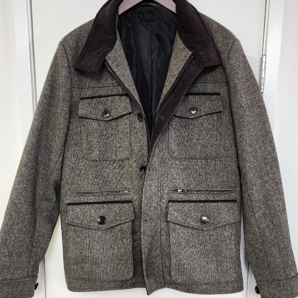 Men's H&M Brown Herringbone Work Tweed Field Jacket Patch Pocket Corduroy Zip 40